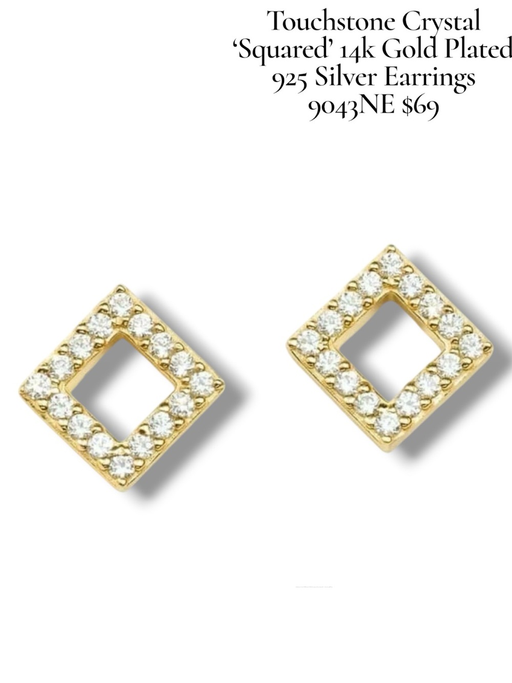 Touchstone Crystal Swarovski Zirconia 14k Gold 925 Silver Square One Earrings